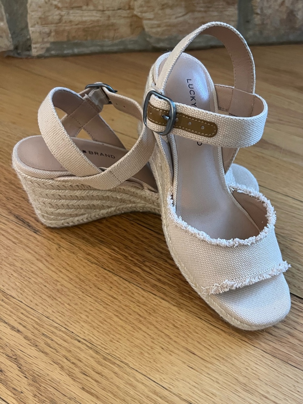 Lucky Brand Cream Frayed Espadrille Wedge Sandals
